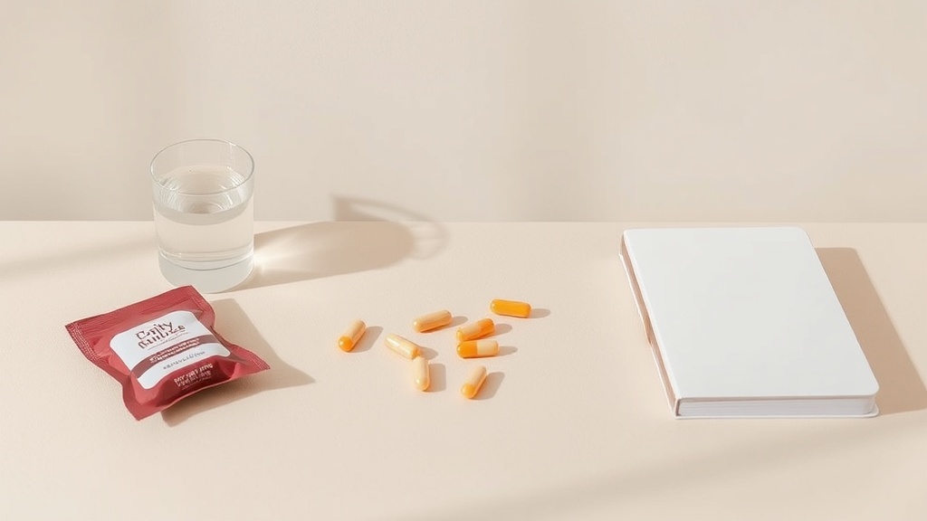 Gélules et compléments alimentaires disposés à côté d'un ruban à mesurer et d'un carnet alimentaire